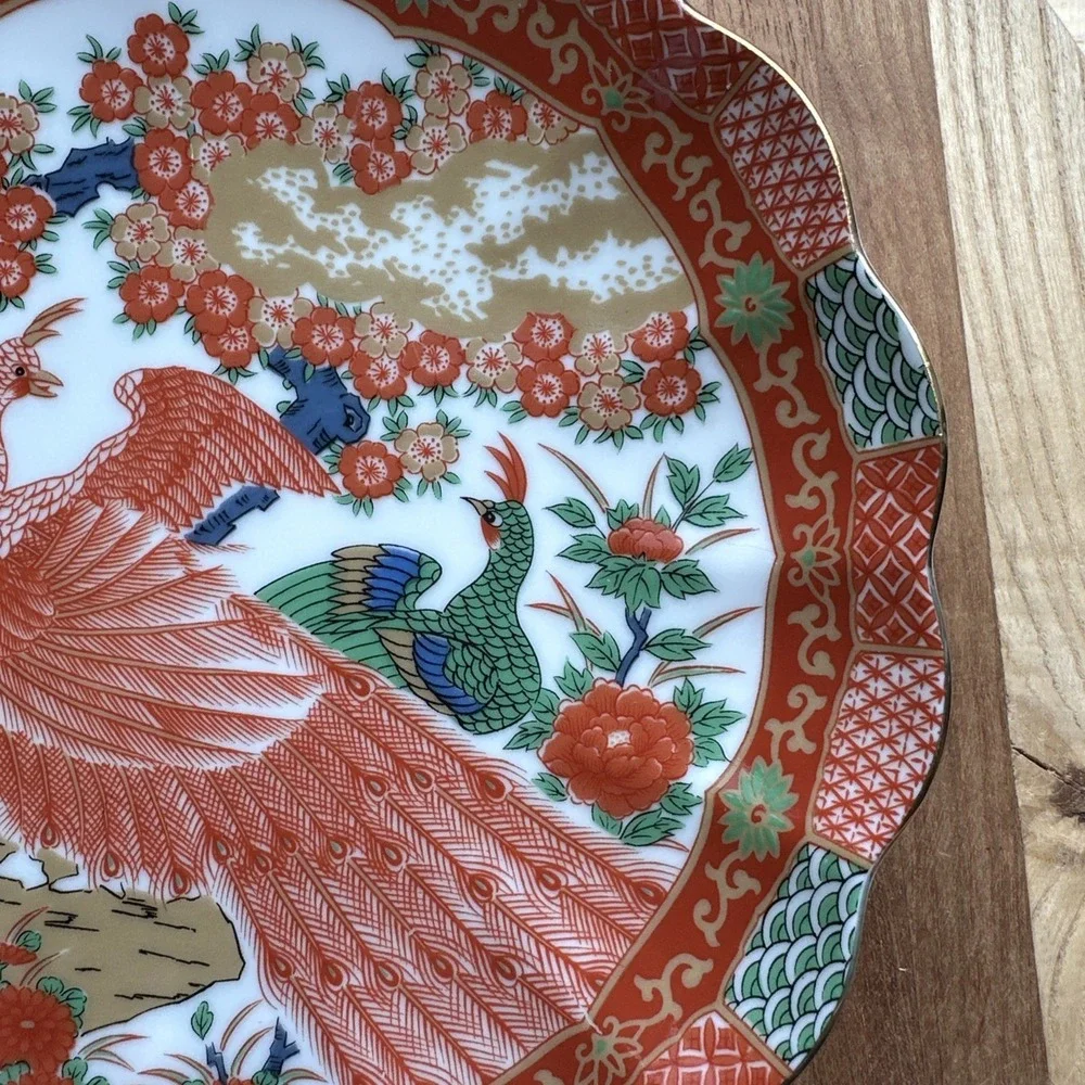 Imari Japanese Salad Plate 7 Inch Orange Green Gold Peacock Scallop Edge Signed
